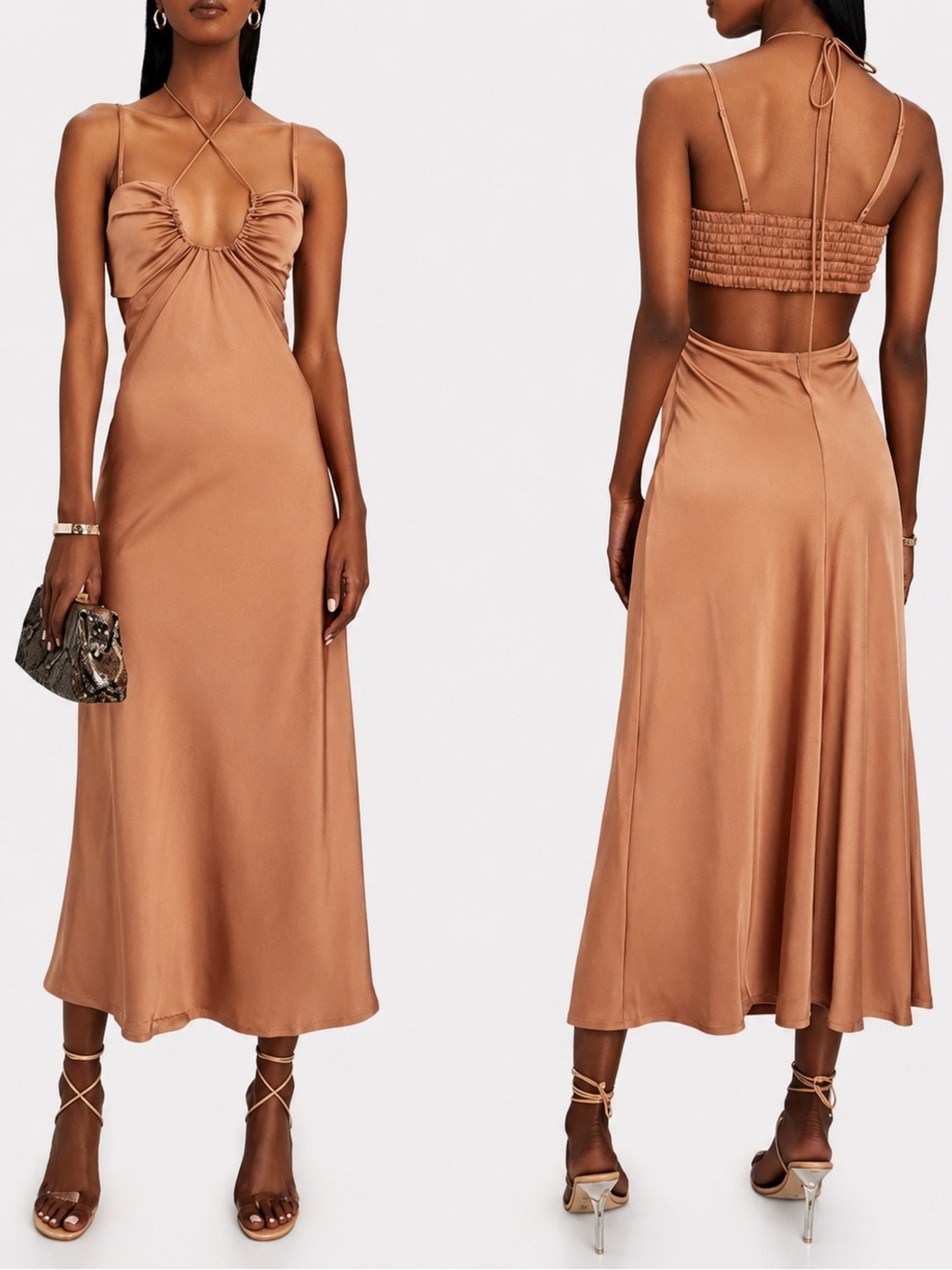 NWT! A.L.C. Sienna Cutout  Satin Midi Dress in Tan Size 8